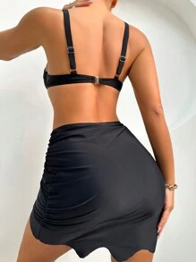 SHEIN Swim 3pcs/Set Women's Solid Color Bikini Set With Ruched Detail Summer - Black - View 2