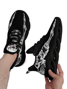 Men's Skull & Hand Bone Print Trail Running Shoes With Blade Outsole, Comfortable Breathable Lightweight Shock Absorption Cushioned Soft Sole