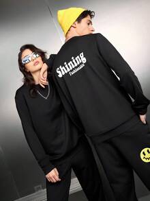 SWAVVY Men's Knit Casual Sweatshirt And Long Pants Set With Text Print - Black - View 5