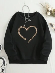 SHEIN LUNE 豹紋心形圓領運動衫 - 黑色 - 查看 6