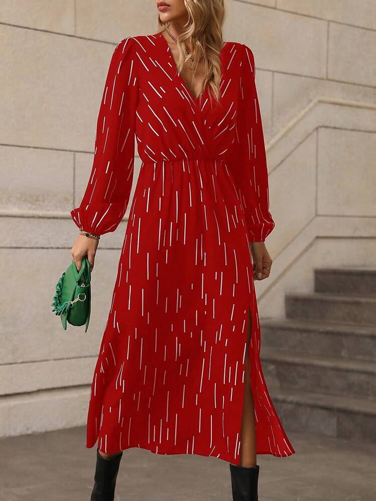SHEIN Frenchy Striped High Slit V-neck Lantern Sleeve Dress Without Belt - Red - View 5
