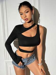 SHEIN Unity 女士不对称领口镂空上衣 - 黑色 - 查看 3