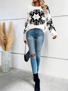 SHEIN LUNE Women'S Snowflake Pattern Plush Drop Shoulder Sweater - White - View 3