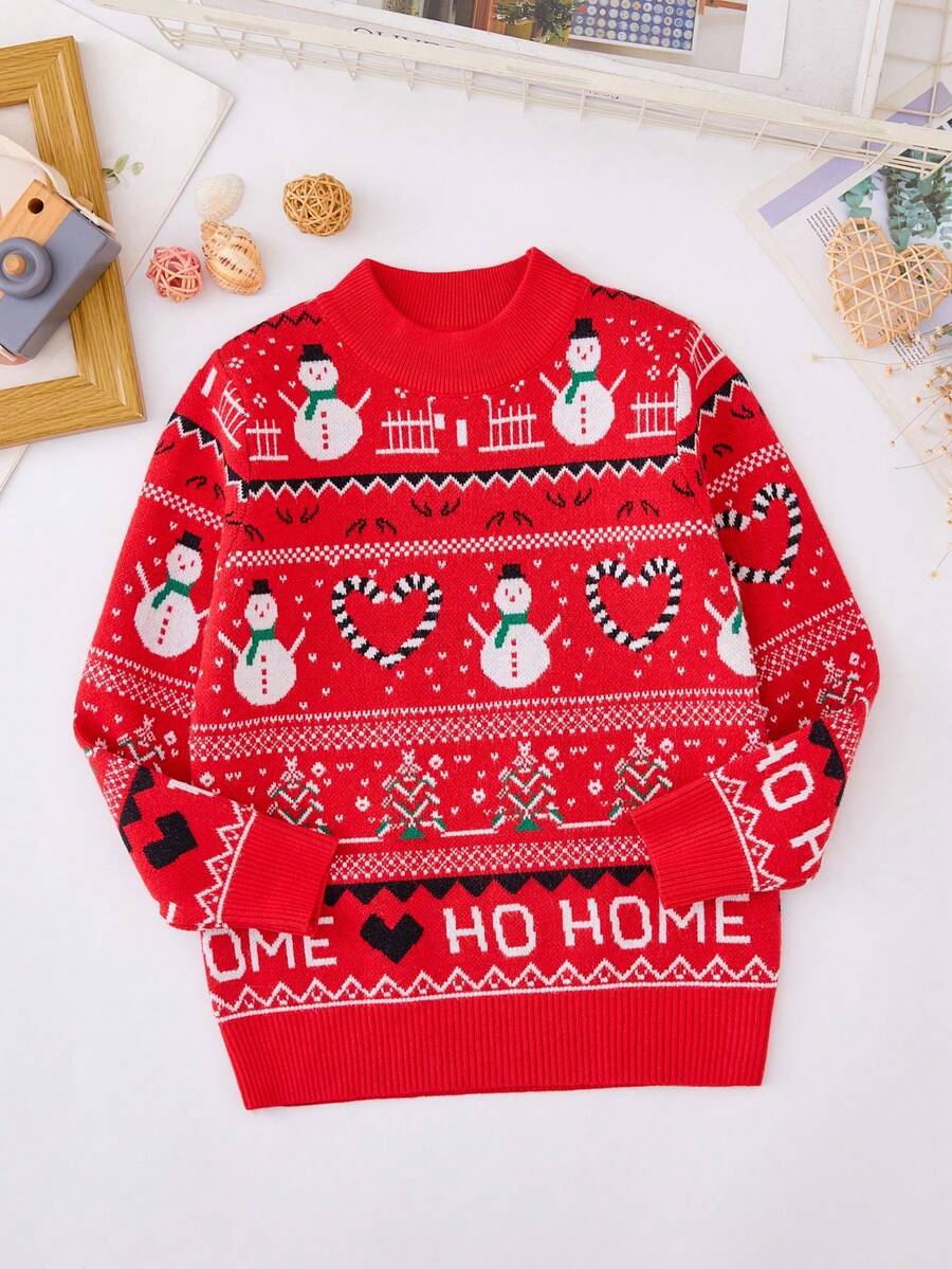 SHEIN Nhỏ bé Cô gái Giáng sinh Người tuyết In Áo len - Đỏ - Xem 1