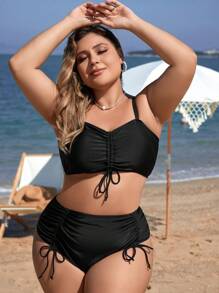 SHEIN Swim Curve 大码女式褶饰吊带比基尼套装夏季海滩 - 黑色 - 查看 1