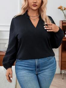 SHEIN Essnce Áo sơ mi nữ cỡ lớn tay phồng với cổ bèo nhún. - màu đen - Xem 4