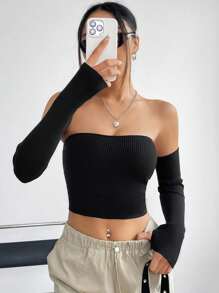 Lunelith SHEIN Lunessa Women's Off Shoulder Cropped Knit Top Fall Cloth For Women