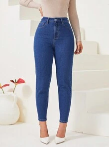 SHEIN EZwear 女性胡蘿蔔切牛仔褲 - 中等水洗藍 - 查看 6