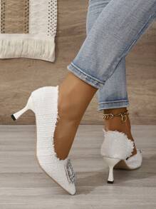 女性小香氣鑲鑽高跟鞋尖頭細跟法式優雅宴會純色高跟鞋 - 白色 - 查看 5