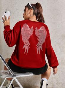 SHEIN EZwear Women'S Plus Size Rhinestone Wings Pattern Sweatshirt - Red - View 1