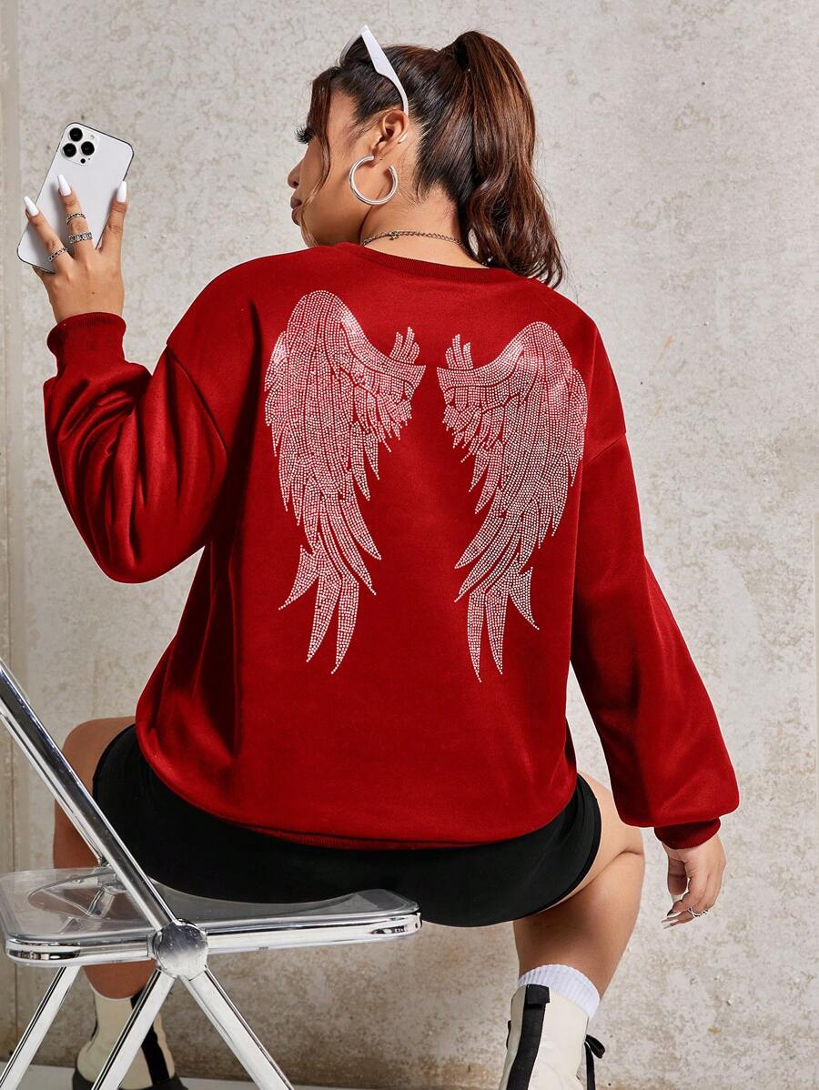 SHEIN EZwear Women'S Plus Size Rhinestone Wings Pattern Sweatshirt - Red - View 1