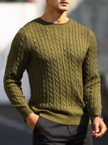 Manfinity Mode Men Solid Cable Knit Sweater Round Neck Long Sleeve Plain Green Vacation Fashion Sweater, Fall/Winter