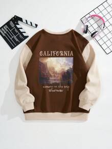 SHEIN EZwear Lá thư & Đồ họa núi Thả vai Áo nỉ Without Tee - Màu Khaki - Xem 1