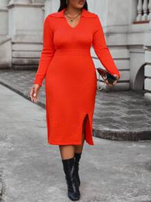 Calvaya Plus Size Women'S Collared Open-Side Split Sweater Dress Fall Cloth For Women - Red - View 6
