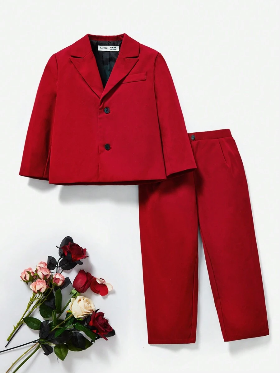 SHEIN Young Boys' Red Elegant Formal Suit Jacket And Pants Set, Gentleman Style - Red - View 1