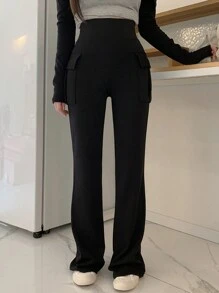DAZY 女士休闲纯色工装裤，女士深秋休闲口袋，开叉自然紧身长款黑色粘胶常规版型女裤，休闲日常穿着 - 黑色 - 查看 6