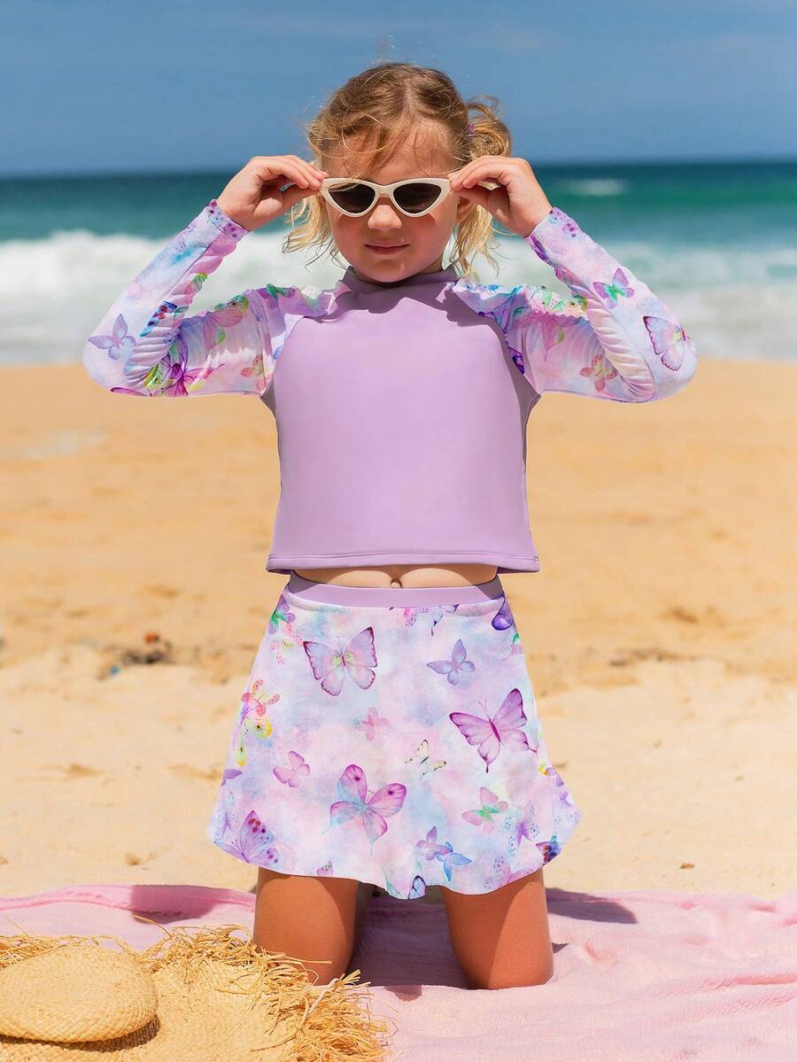 Tween Girl Butterfly Pattern 3-Piece Raglan SleeveTankini Swimwear Set - Mauve Purple - View 1