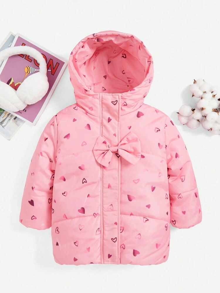 Little Girls' Colorful Heart Patterned Hooded Coat With Bow, Fall / Winter