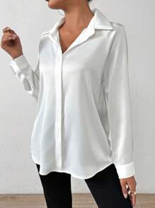 SHEIN PETITE Women's Solid Color Satin Basic Shirt With Asymmetric Hem,Long Sleeve Tops Fall Cloth For Women - White - View 3