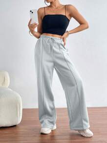 SHEIN Essnce 女款純色抽繩運動直筒褲 - 淺灰色 - 查看 5