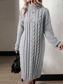 SHEIN LUNE Women'S Drop Shoulder Knitted Sweater Dress - Grey - View 5
