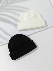 ROMWE 2入組男女皆宜黑白針織帽套裝,休閒保暖冬季帽子