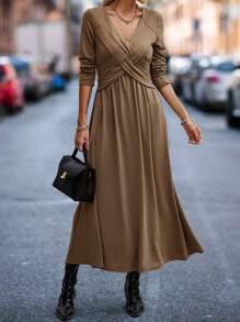 SHEIN Clasi Women's Wrap Cross Long Sleeve Dress - Coffee Brown - View 1