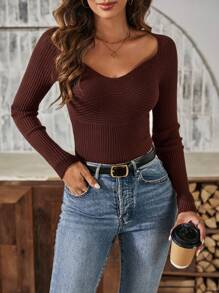 SHEIN Essnce 女款緊身甜心領毛衣 - 咖啡棕 - 查看 1