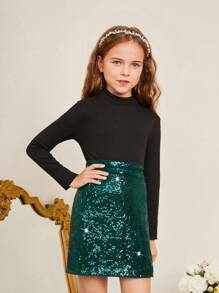 SHEIN Tween Girl Knitted Solid Color Stand Collar Top With Woven Beaded Hem Skirt Set - Black - View 4