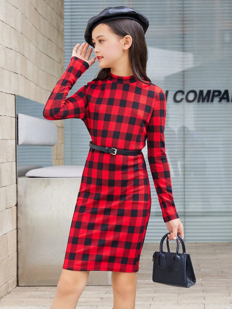 SHEIN 女童學院格紋立領長袖及膝裙