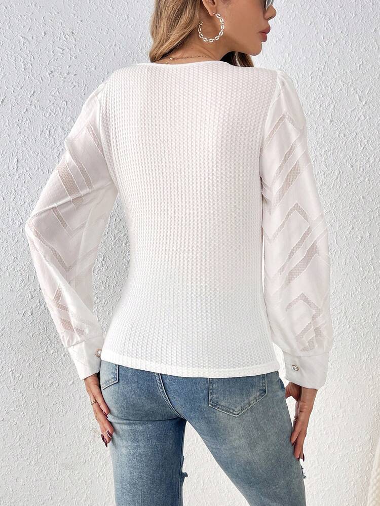Ladies' Waffle Weave Button Decorated Top Winter White Casual