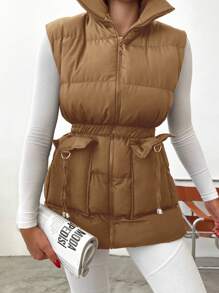 EURMUSE Zip Up Flap Pocket Vest Padded Coat - Camel - View 4