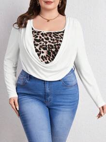 SHEIN LUNE 大尺碼豹紋拼接v領t恤 - 白色 - 查看 5