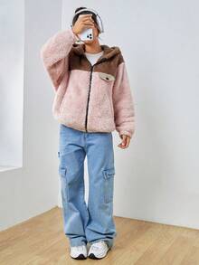 SHEIN EZwear 對比色毛茸茸女式常規外套 - 粉色 - 查看 6