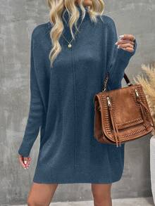 SHEIN LUNE Của phụ nữ Màu thuần Cổ cao tay cánh Đầm Áo len - Màu xanh bụi bặm - Xem 3