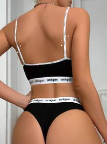 Women Bra & Panty Sets Contrast Binding Mencetak - Hitam - View 2