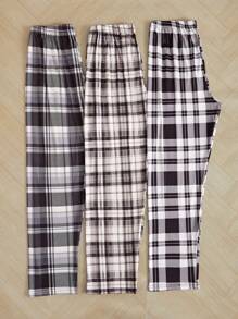 3 Pcs Women's Plaid Black & White Pajama Pants With Waist Bow Decoration - Multicolor - View 2