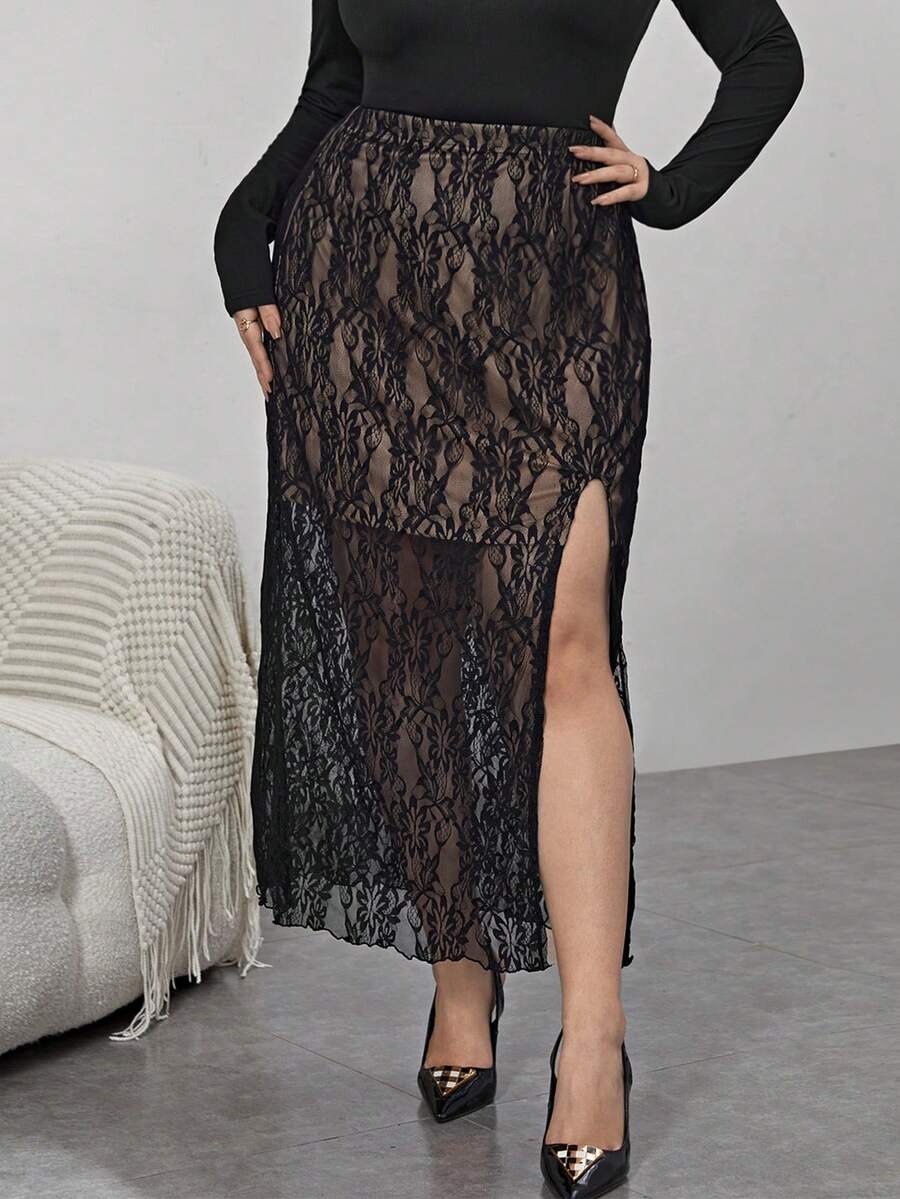 SHEIN Privé Của phụ nữ Kích thước lớn Cái nĩa cao Váy ren - màu đen - Xem 1