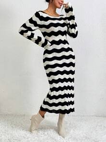 SHEIN Privé Boat Neck Wave Pattern Split Hem Sweater Dress - Black and White - View 6