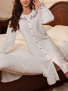 Women's Embroidered Lace Sleeve Pajama Night Dress - Apricot - View 4