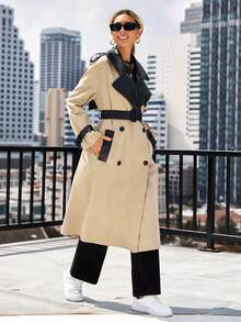 Aveloria Spliced Pu Belt Trench Coat - Khaki - View 6