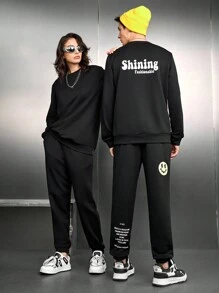SWAVVY Men's Knit Casual Sweatshirt And Long Pants Set With Text Print - Black - View 1