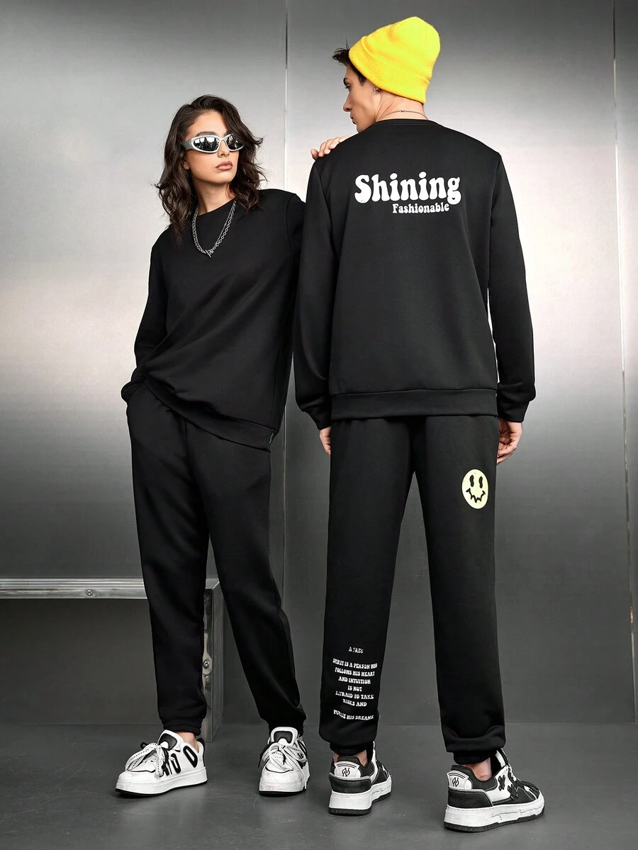 SWAVVY Men's Knit Casual Sweatshirt And Long Pants Set With Text Print - Black - View 1