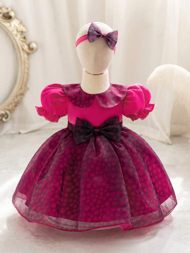 Baby Girls' Polka Dot Print Puff Sleeves Tulle Party Dress