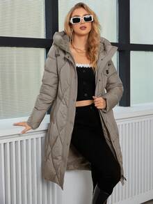 GASMAN Áo khoác trùm đầu có đệm họa tiết chữ kim cương mùa đông dành cho nữ - Màu Khaki - Xem 7