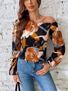SHEIN LUNE Women's Cold Shoulder Asymmetric Printed Blouse - Multicolor - View 4