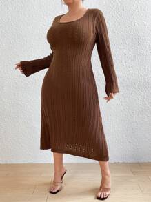 Flirla Sweater Kleid In Vintage-stil Für Damen In Übergröße Mit U-ausschnitt Und Ausgestellten Ärmeln - Kaffeebraun - Übersicht 5