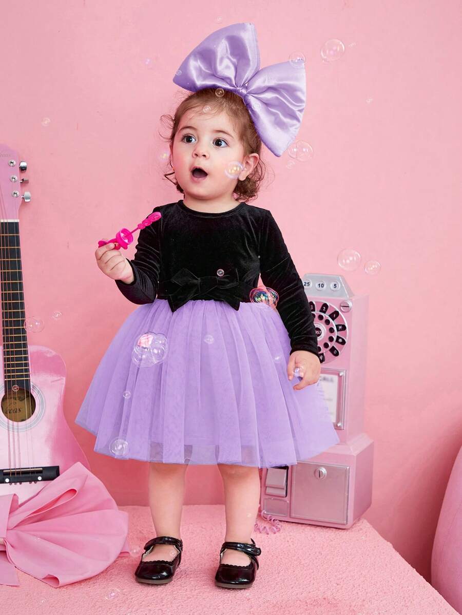 SHEIN Baby Girl Princess Velvet Spliced Mesh Round Neck Long Sleeve Belt Dress - Multicolor - View 1