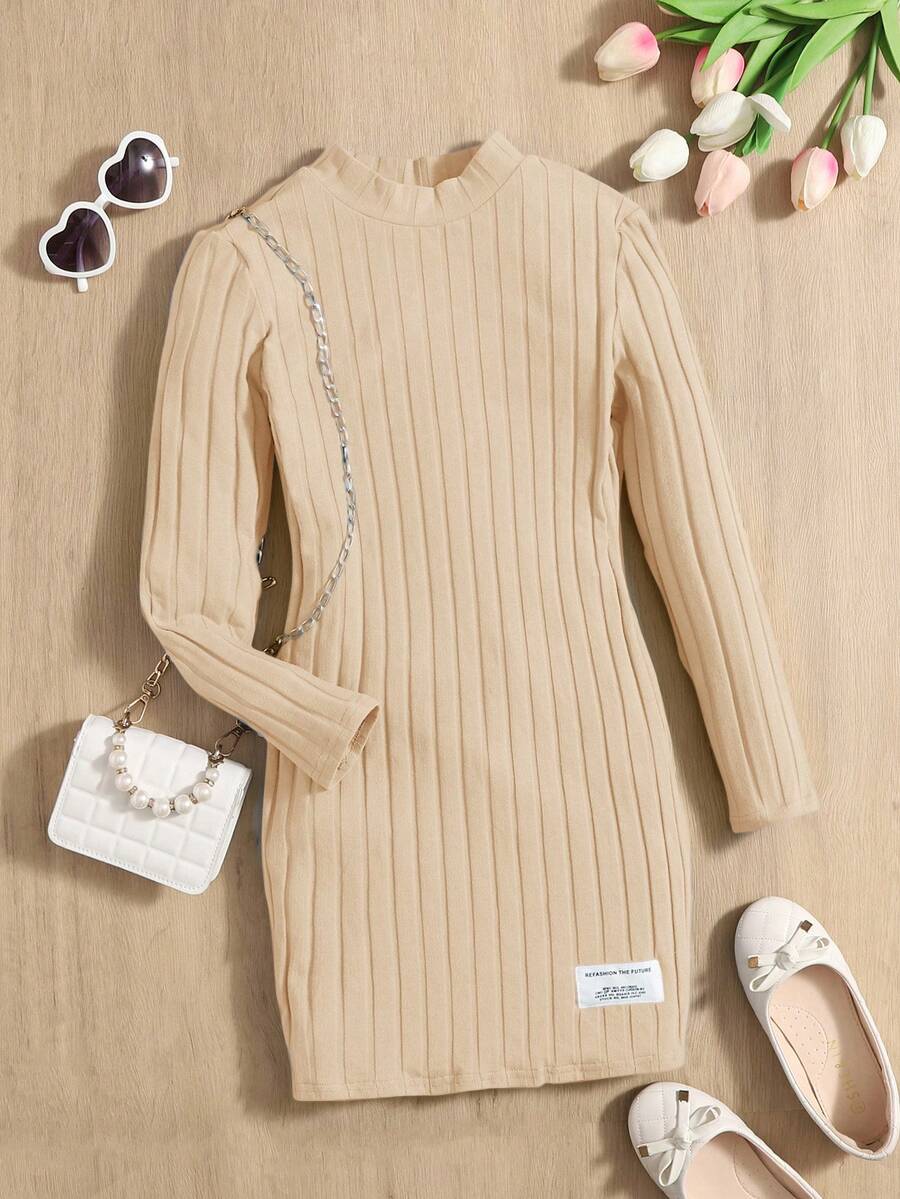 SHEIN Bé gái Thoải mái Màu thuần Đầm giản dị - Màu be - Xem 1