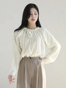 DAZY 纯色女士衬衫，带领带，长袖 - 白色 - 查看 4